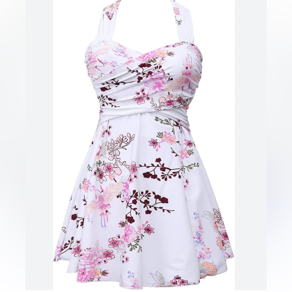 COCOPEAR Elegant Crossover One Piece Swimdress Floral Skirted Swimsuit Size 5xl